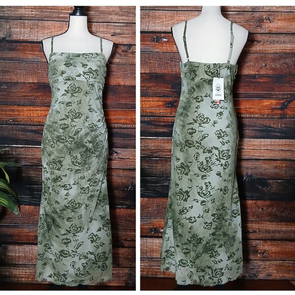 NWT Cider Midi Dress L Olive Green Floral Ruched Stretch - Picture 2 of 8